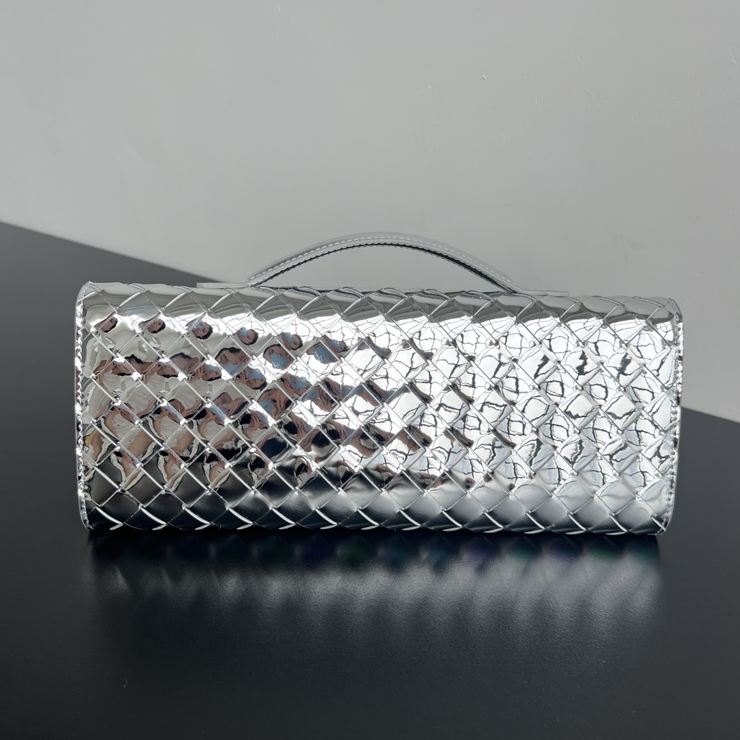 Andiamo Intrecciato Leather Top Handle Clutch Silver